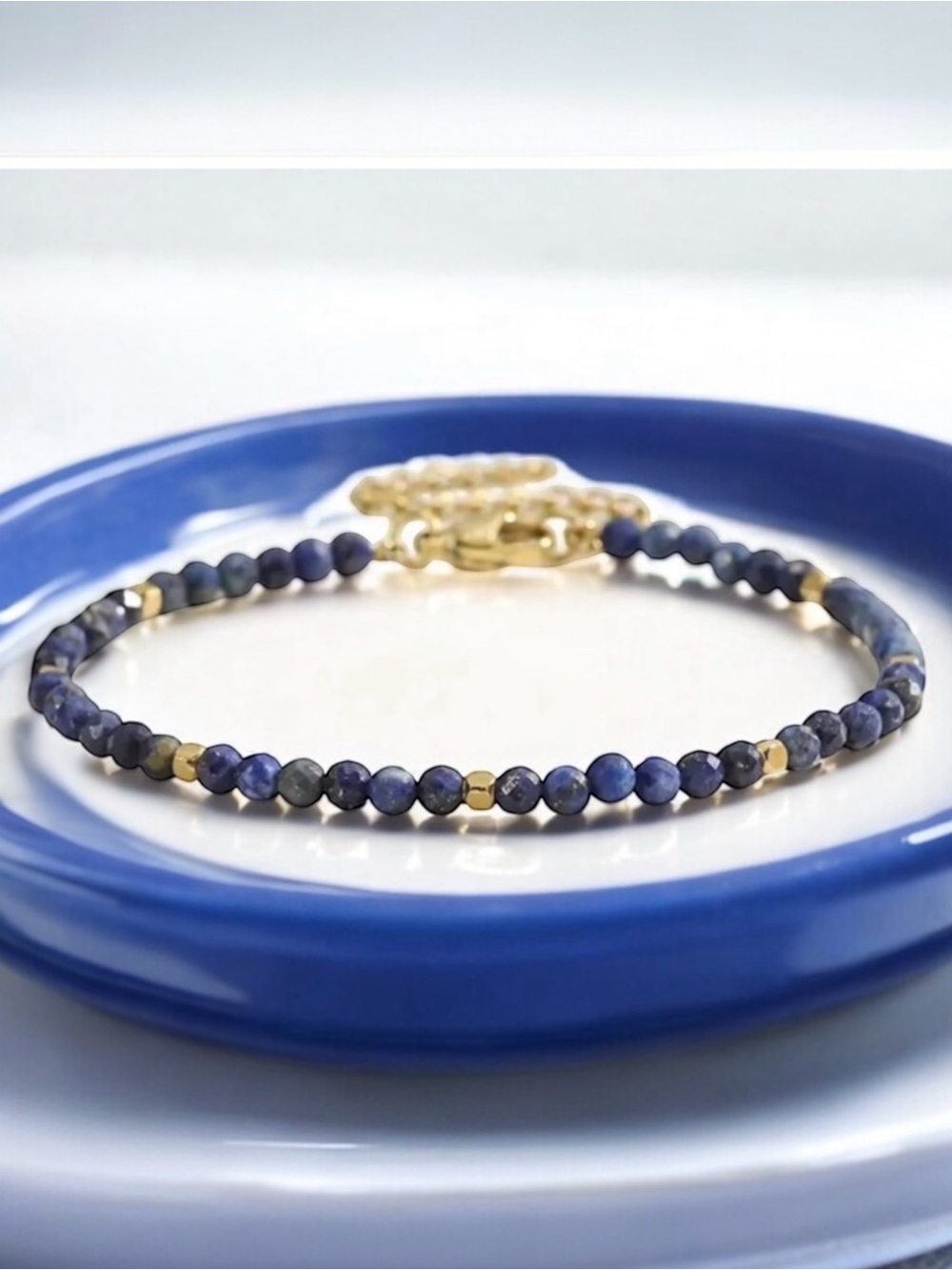18k Gold Plated Lapis Beaded Bracelet. New. - Picture 1 of 9